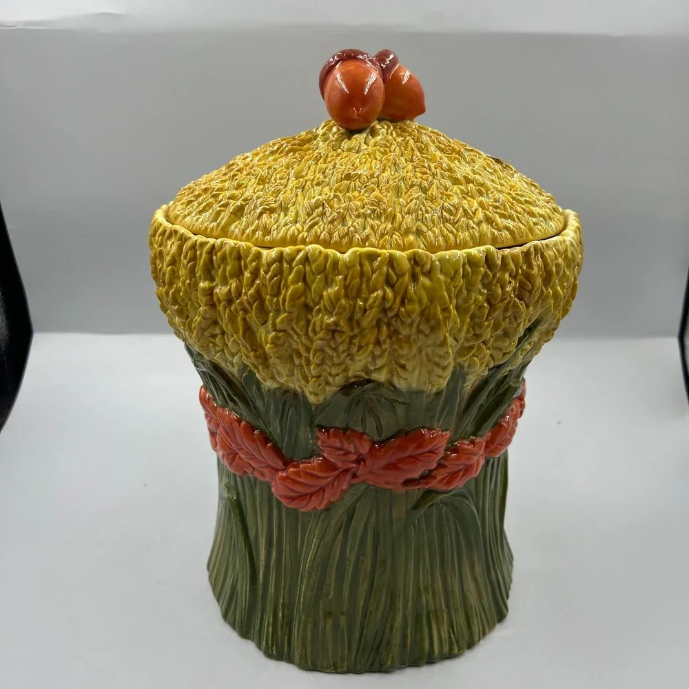 Department 56 Harvest Wheat Ceramic Cookie Jar Autumn Leaf Acorn Fall Decor